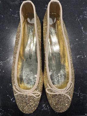 Gold Glitter Ballet Flats with Nude Trim and Bow